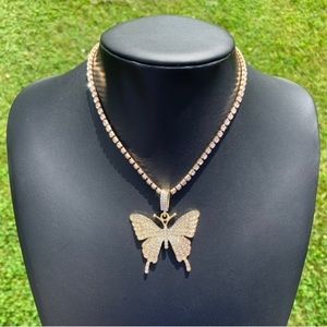 14k Gold Plated Iced Butterfly Pendant with Tennis Chain Necklace 4mm 18”